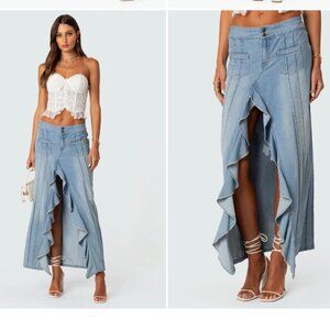 Women's Edikted Valencia Ruffle Slitted Denim Maxi Skirt SM